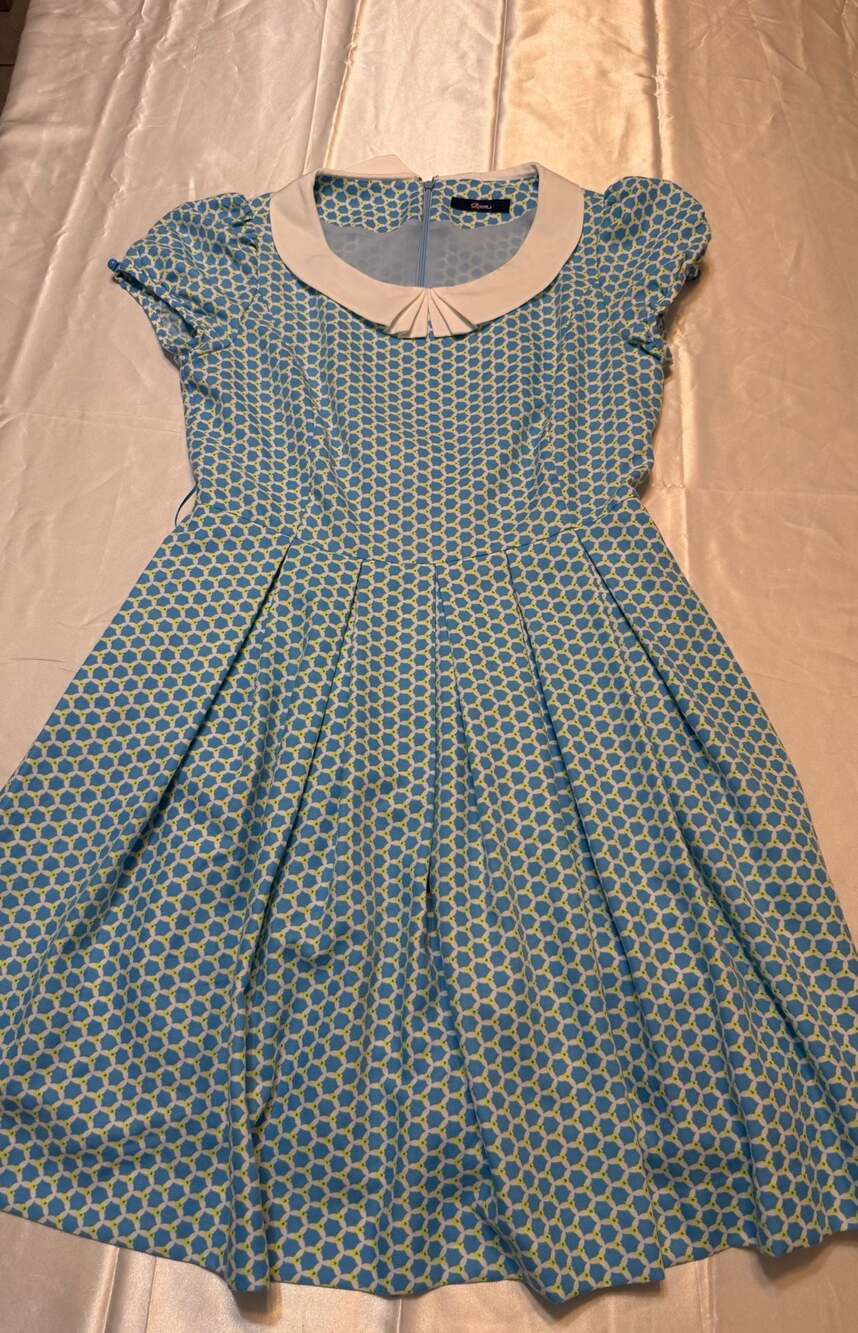 Roem Blue Geometric Print Fit and Flare Dress with White Peter Pan Collar